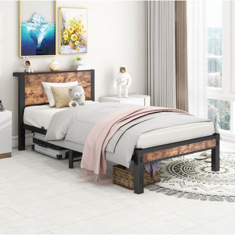 lit adulte rangement 90x200 métal bois antique OKMYHOME (1/5)
