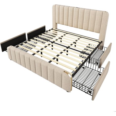 Letto con Cassetti Letto Matrimoniale 180×200 cm, 4 Cassetti, USB e Type-C, senza Materasso, Lino Beige (1/5)