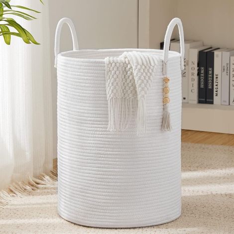 Wäschekorb geflochten Baumwolle Handarbeit Griff 38cm Weiß 58L (1/5)