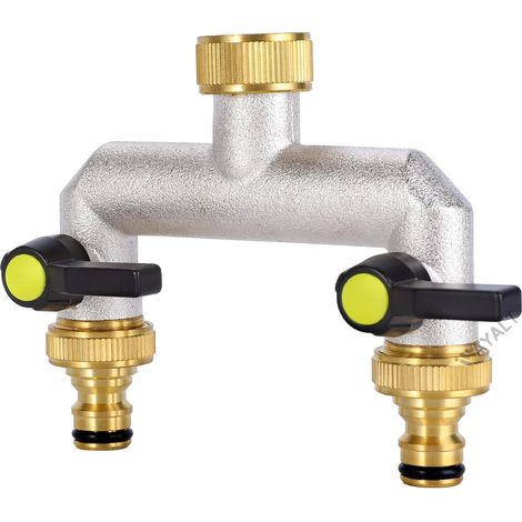 Distributeur d'eau pour robinet à 2 voies, répartiteur d'eau 3/4" en laiton, tuyaux de jardin avec adaptateur 3/4", robinet sphérique pour régler et arrêter le débit d'eau (1/5)