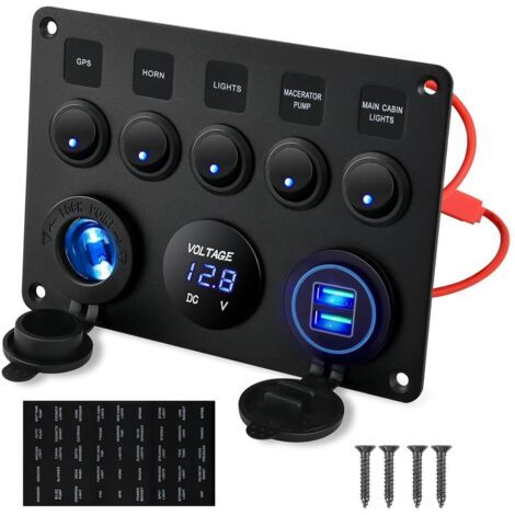 5 gangs Multifonctions à Bascule Double Chargeur USB + Volmètre Numérique + prise 12V Panneau de Commutation pré-câblé avec Disjoncteurs pour Camping-car, Voiture, Bateau, Camion, Remorque (1/5)