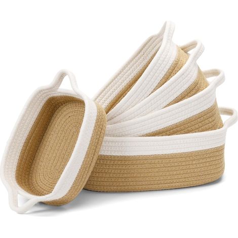 Panier Rangement, Lot de 5 Panier Tissé Corde de Coton, Panier Rangement pour Salle de Bain, Cuisine, Organisateur Table a Langer Bebe, Panier de Rangement Empilable Polyvalent (Blanc/Jaune) (1/4)