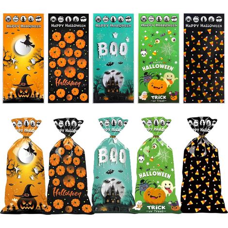 200 Sachets cellophane, transparents, motifs Halloween, 27,5x12,5cm, pour bonbons, biscuits, fête (1/5)