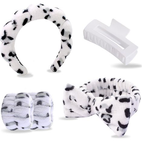 Ensemble de 5 bandeaux pour femmes, comprenant un bandeau avec une éponge nettoyante pour le visage et un motif nuage, et un bracelet en serviette, adapté au maquillage et aux soins de la peau, Blanc- (1/5)