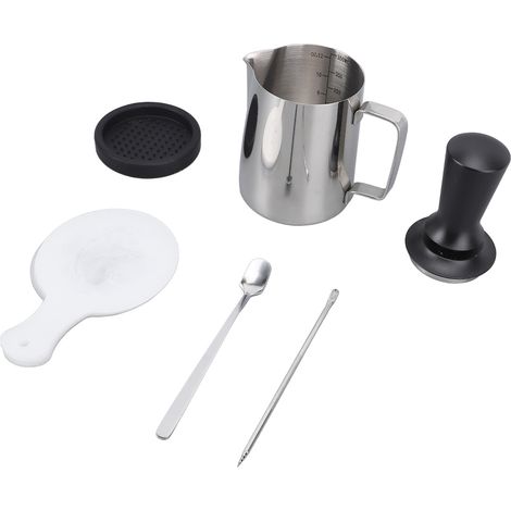 Set outils latte art : pichet à mousse lait, pinceau déco café, presse-café, tapis tamper, 16 pochoirs, cuillère barista (1/5)