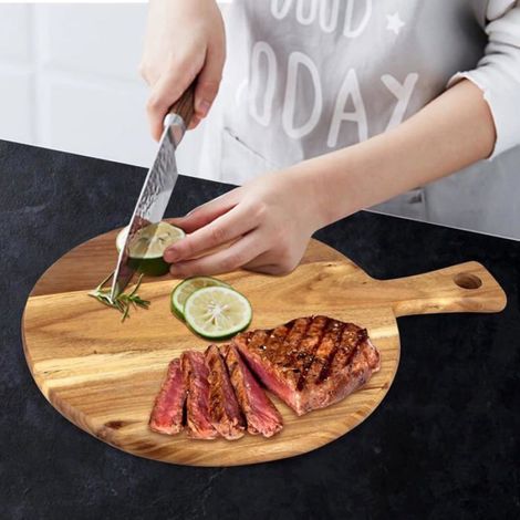 Planche à découper en bois d'acacia avec poignée- viande, pain, charcuterie, blocs à découper, cercle circulaire pour pizza, fromage (1/4)