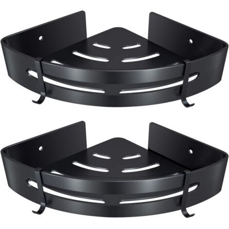 Etagère d'angle de Salle de Bain, Etagère de Douche sans Perçage Aluminium Adhésifs Panier de Rangement Douche pour Shampoing Savon Serviette, avec Crochets (Triangle, Noir, 2 Pièces)
