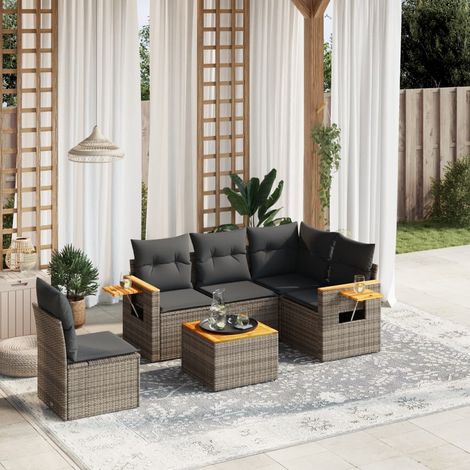 Set de muebles de jardín 6 pzas y cojines ratán sintético gris vidaXL (1/3)