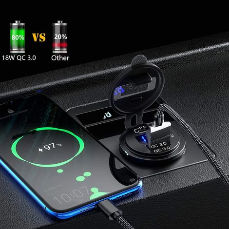 Chargeur de voiture USB Type C, double prise USB 12 V/24 V, noir avec voyant bleu (1/5)