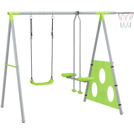 Gioco per Bambini 4 in 1 215x180x182 cm con 2 Altalene Canestro e Porta da Calcio Verde e Grigio (1/5)