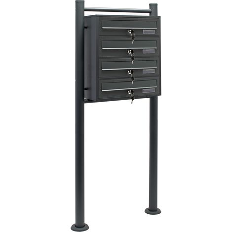 Wiltec 4er Briefkastenanlage Anthrazit 556 x 270 x 1500 mm, Standbriefkasten mit 4 Fächern, Schlüssel und Namensschild, Briefkasten Postkasten mit Ständer