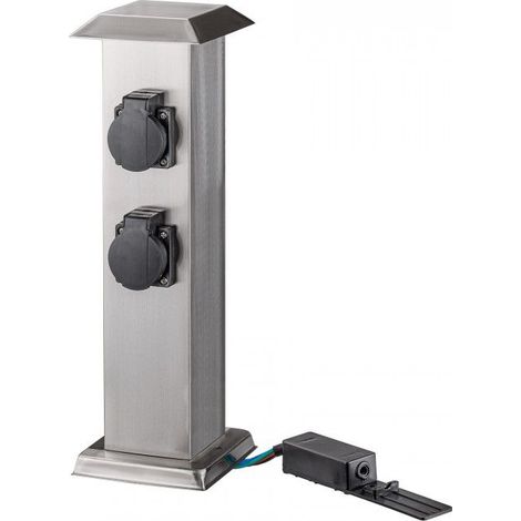 Dema – Colonne multiprise carrée inox 4 prises – Acier inoxydable S201 – IP 44 pour extérieur – Puissance 16A 3680W – Fixation au sol incluse
