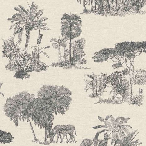 Black White Safari Toile Wallpaper Giraffe Zebra Tropical Tree Pattern (1/4)