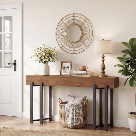 Console moderne 63" – Table d'entrée en bois avec pieds métalliques – Modèle étroit pour derrière le canapé – Finition brun rustique et noir – Idéale pour couloir et salon (1/5)