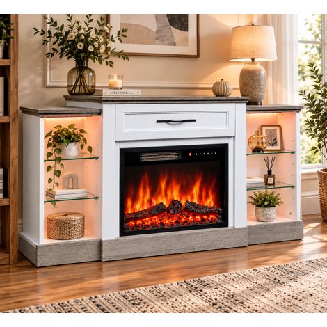 HOMAVO Chimenea eléctrica 23" con mueble y LED, 12 colores, 5 niveles de brillo/velocidad, 41 efectos LED, mando, temporizador 1–8h