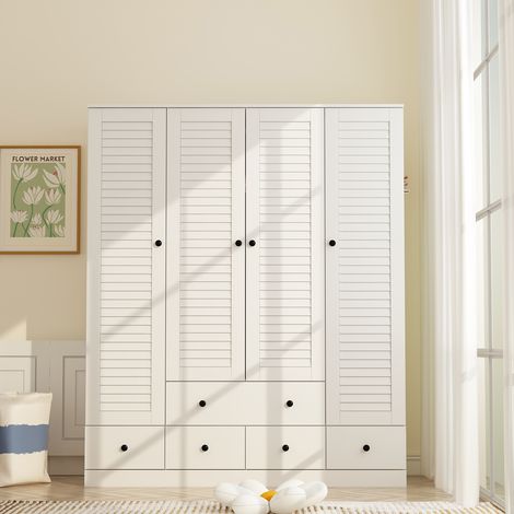 Kleidschrank Garderobenschrank mit 4 Türen,3 Schubladen, Hängestangen und Einlegeböden, Schlafzimmerschrank mit schwarzen Griffen für das Schlafzimmer, 150cm B x 50 cm T x180 cm H,weiß, MDF (1/5)