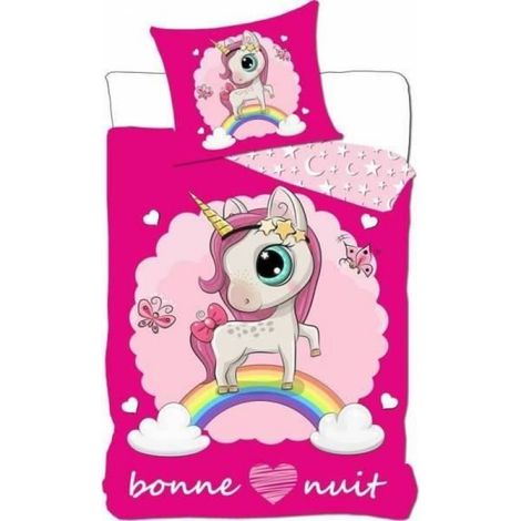 Parure de lit LICORNE en microfibre - Rose - 140x200 cm + Taie 63x63 cm (1/2)