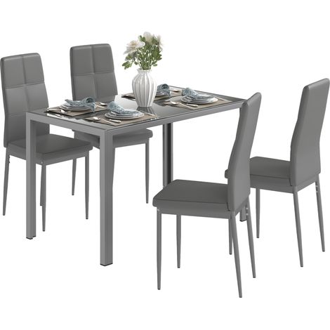 5-teiliges Esszimmer-Set mit 1 Tisch und 4 modernen Stühlen aus Kunstleder, Metall und gehärtetem Glas, grau