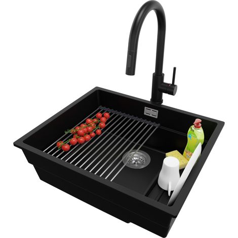 PRIMAGRAN Evier Cuisine en Granit 56x47cm, Lavabo 1 bac + Robinet 40x20cm + Kit de Vidage + Accessoire, Évier à Encastrer au meuble 60cm - Prague Slim, Noir (1/5)