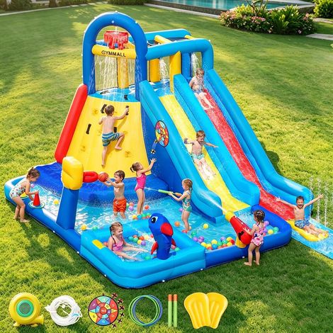 Inflatable Castle with Climbing Wall, Double Slide and Pool - Heavy Duty Inflatable Structure, Outdoor / Indoor Play Air for 3-12 Years Old Kids (4x3.6x2.6m)