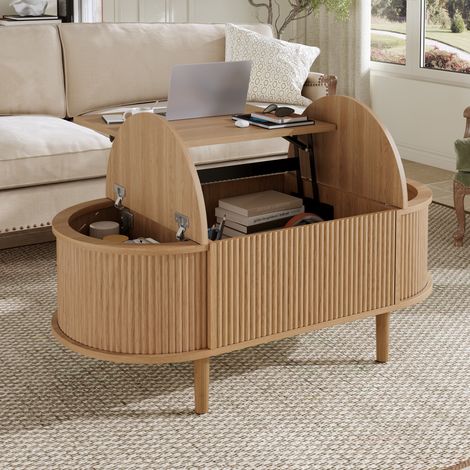 Comanlai - Table basse ronde - Table salon ovale modulable avec Coffre rangement vintage pieds bois massif - Chêne (1/5)