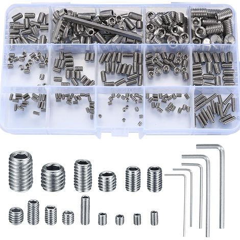 300 Pièces Vis Sans Tête Hexagonale, M2.5/M3/M4/M5/M6/M8 Vis Filetée Internes, Assortiment Kit de Fixations Vis Pointeau pour Poignées de Porte, avec Clé Allen - Argent
