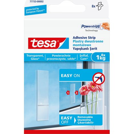 TESA Montageplaster Selbstklebende Streifen, transparent, bis zu 1 kg, für Glas, 8 Stück. (1/5)