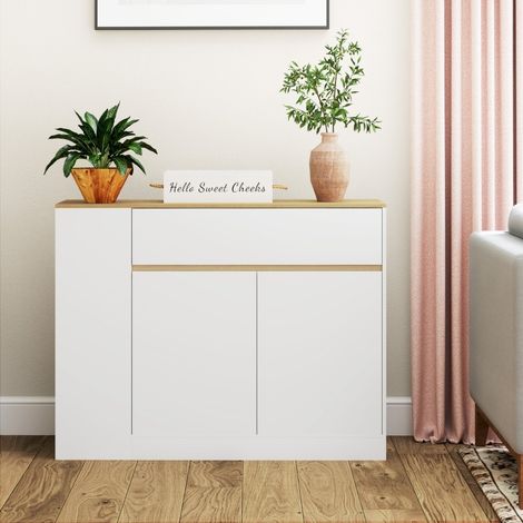 Buffet de Cuisine Blanc avec Tiroir, Étagère Réglable & Anti-Basculement – Armoire de Rangement Latérale – 105x30x81,5 cm (1/5)