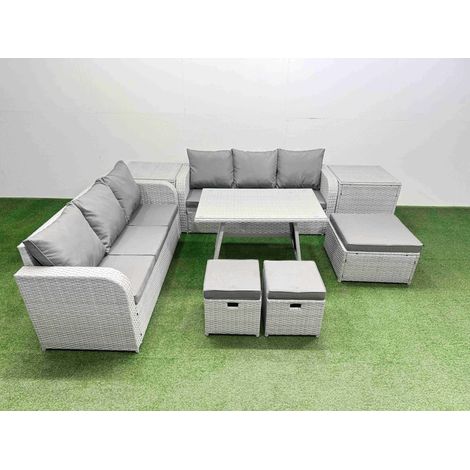 Fimous Patio Dining Table & Chairs Set Rattan High Back Lounge Sofa Set with 3 Seater Sofa 2 Side Tables 3 Stool Light Grey (1/4)
