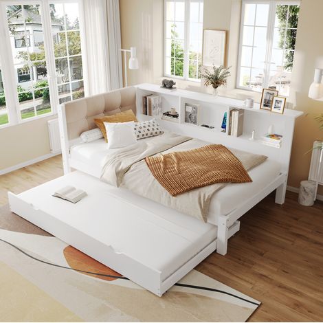 Letto bambini 90x200 cm con letto estraibile 90x190 cm, LED, ripiano portaoggetti e porta USB, in pino bianco, materasso non incluso (1/5)