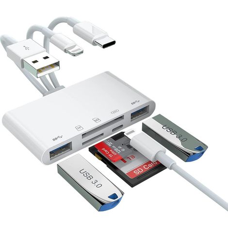 Lecteur de carte iPhone 5 - en - 1, adaptateur usb OTG et visionneuse de carte SD / TF pour iPhone / iPad / PC / Android / appareil photo / USB c & a périphérique, support SD / Micro SD / sdhc / sdxc (1/5)