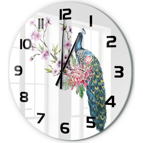 Horloge Murale Ronde Installation Facile Verre Silencieuse pour Salon Cuisine Paon et fleurs fi 60 cm (1/5)