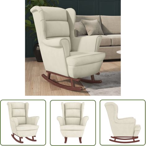 The Living Store Fauteuil à bascule pieds en bois massif d'hévéa Crème Velours - Fauteuil À Bascule - Fauteuil Confortable - Fauteuil Créme - Fauteuil Velours - Meuble Salon (1/5)