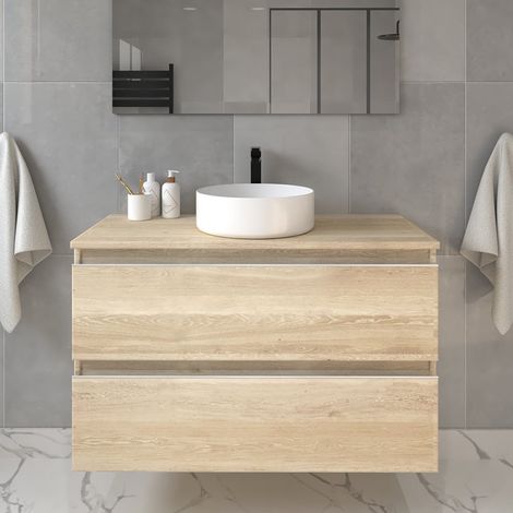 Meuble de salle de bain sans miroir avec vasque à poser ronde - bambou (chêne clair) - BALEA - 80cm (1/5)