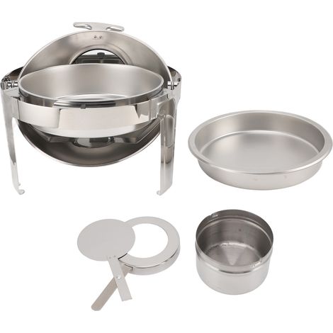 Assiette de service chauffe-plat en acier inoxydable 6L avec couvercle en verre visible, réchaud à alcool pour buffet, plateau rond 1 pièce. (1/5)