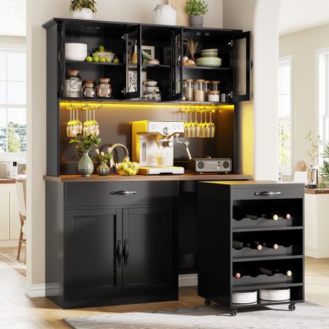 Armoire haute de rangement 140×38×180cm MDF avec chariot mobile extractible éclairage LED variable minuterie, cave à vin 9 bouteilles support verres à vin, charnières soft-close roulettes freinables c (1/5)