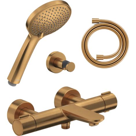 Pack mitigeur bain douche thermostatique DURAVIT Wave + pommeau Universal 3 jets + flexible 160 cm + support bronze brossé (1/4)