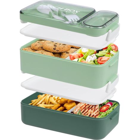 Boîte à déjeuner Bento pour adulte, 1600 ml Empilable Grande boîte à bento avec fourchette, cuillère, Boîtes à sauce, Anti-fuite pour le travail, l'école, la nourriture, Vert Morandi (1/5)