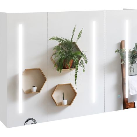 Armoire miroir de salle de bain avec 3 portes, interrupteur tactile et USB 90 x 15 x 70 cm blanc brillant, étagères réglables