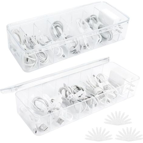 2 Pièce Boite Rangement Cable, Boîte de Rangement pour Plastique Câbles de Données, Transparent Boite Cache Cable avec 8 Compartiments et 30 Serre Câbles pour Le Rangement de Bureau (1/5)