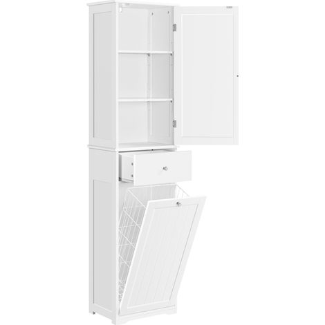 Homevive Armario de de Baño Alto Mueble Auxiliar de Baño 45x30x180 cm Armario Estrecho con 1 Armario Cerrado de 3 Estantes Ajustables 1 Cajón y 1 Cesta de Lavandería Blanco (1/5)