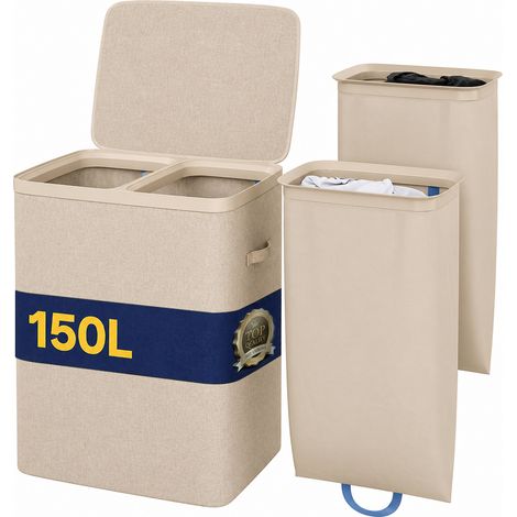 Cesto Portabiancheria Sporca con Divisorio Porta Biancheria Doppia Cesta Beige