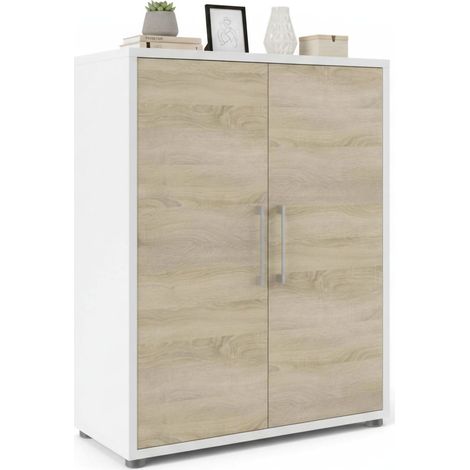 Dmora - Aparador Leocadie, Bufé de salón, Aparador de salón, Despensa de cocina, 89x40 h113 cm, Blanco y Roble