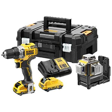 DeWalt DCK212D2T-QW DCK212D2T-QW-KIT DCD701 Taladro Atornillador 12V sin Ecobillas + DCE089G Láser autolivellante di 2 líneas XR + Maleta TSTAK II con 2 batterie Li-Ion 2Ah