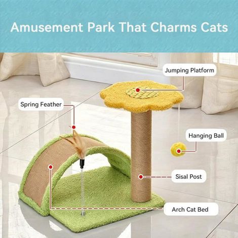 Petit Arbre à Chat Vert avec Pont et Fleur Violette Griffoir Sisal Perchoir Design pour Chaton Maison (1/4)