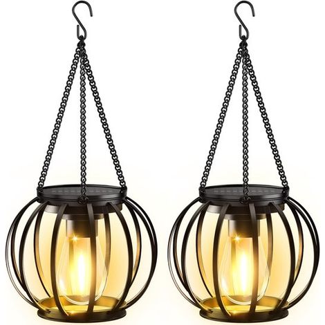 Lot de 2 lanternes solaires – éclairage solaire de jardin – lampe solaire – suspensions – 13 x 12 cm – Fer – Noir (1/5)