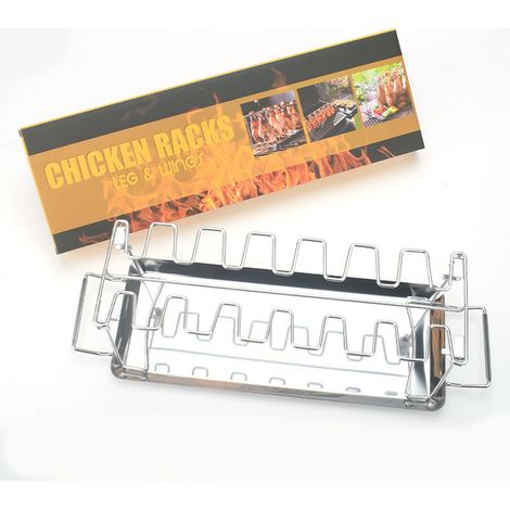 Rejilla de acero inoxidable de 14 ranuras para muslos y alas de pollo con bandeja recolectora de grasa, ideal para ahumador, parrilla, horno, barbacoa y picnic. (1/5)