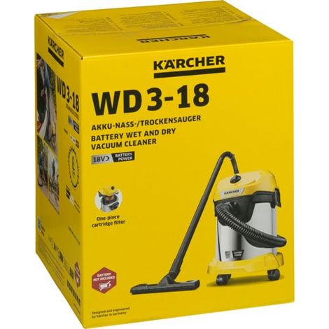 Nass-/Trockensauger KÄRCHER Akku-Nass-/Trockensauger WD 3-18 S: Kabellos, 18 V Akku-Plattform, 17 l Edelstahlbehälter, 2 m Saugschlauch, Blasfunktion & einteiliger Patronenfilter – maximale Flexibilit