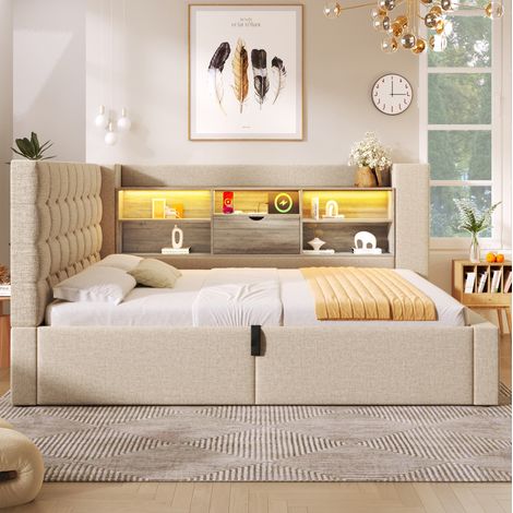 cama doble con almacenamiento LED 140x190 beige OKMYHOME (1/5)