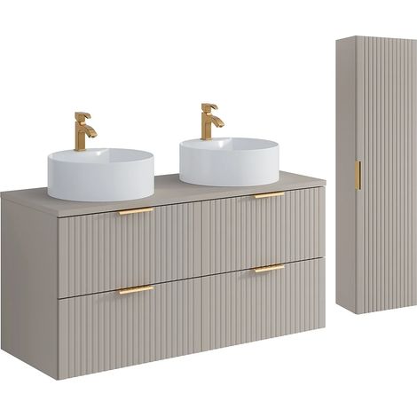 Mobile per bagno sospeso con scanalature con lavabo da appoggio rotondo e colonna - Colore beige - 120 cm - ZEVARA (1/5)